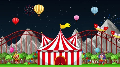 Animated Night Carnival with Roller Coaster Fireworks and Hot Air Balloons Stock Footage 335344041