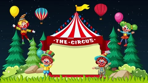 Animated Night Circus Background with Clowns and Hot Air Balloons Stock Footage 333296677