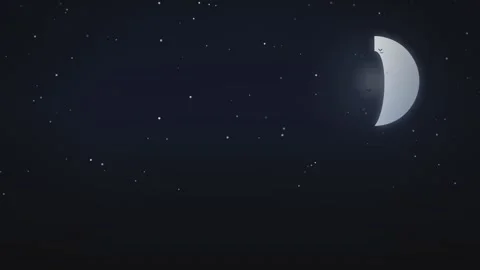 Animated night sky background with crescent moon and silhouettes of small b.. Видео 341133253