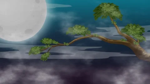 Animated Night Sky with Full Moon and Drifting Clouds Behind Tree Branch Stock Footage 339988747