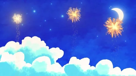 Animated night sky with glowing fireworks rising above fluffy clouds with Stock Footage 346124184