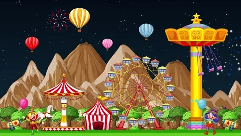 Animated Nighttime Fun Park with Carnival Rides and Fireworks Display Vídeo Stock 335909339