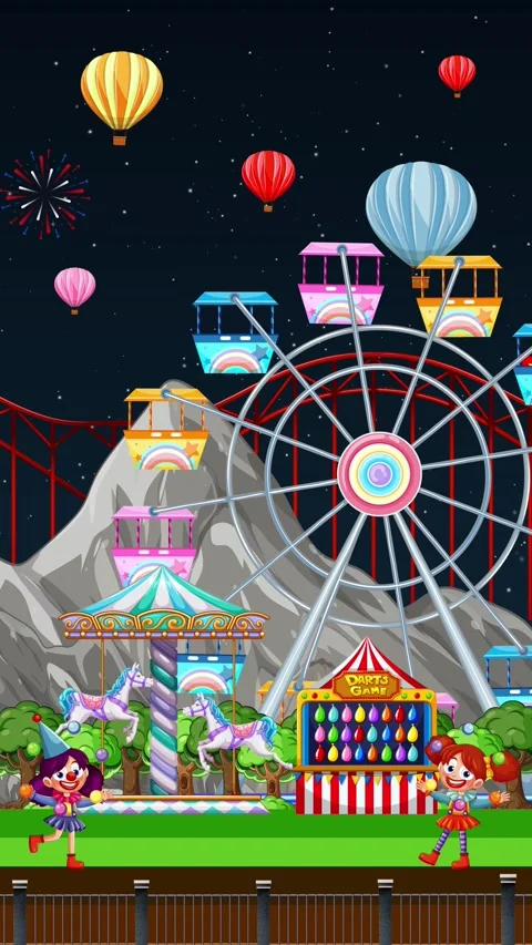 Animated Nighttime Fun Park with Ferris Wheel and Hot Air Balloons Stock Footage 331835428