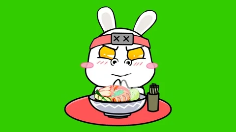 Animated Ninja Rabbit About to Eat Noodles on Green Screen Stock Footage 282772198