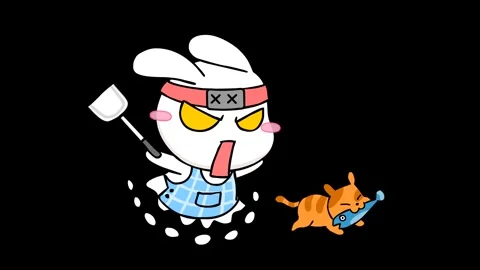 Animated Ninja Rabbit Angry at a Cat Stealing Mackerel - Transparent Backgrou Stock Footage 282772190