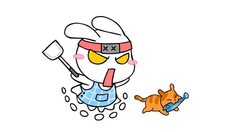 Animated Ninja Rabbit Angry at a Cat Stealing Mackerel on White Background Stock Footage 282772193