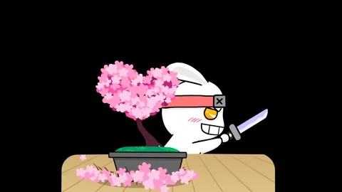 Animated ninja rabbit cutting flower pots into heart shapes  - Transparent .. Stock Footage 282772006
