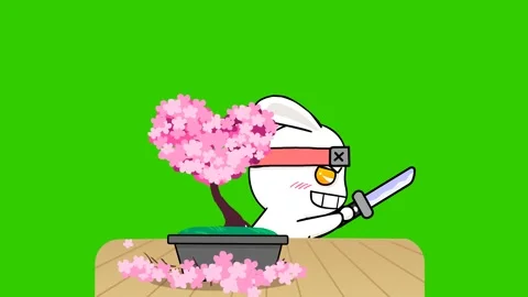 Animated ninja rabbit cutting flower pots into heart shapes on green screen.. Stock Footage 282772009