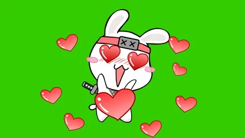 Animated ninja rabbit jumping and throwing a heart, on a green screen backg.. Stock Footage 282772096
