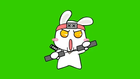Animated Ninja Rabbit Ready to Fight with Bruce Lee's Nunchaku on Green Scree Stock Footage 282772184