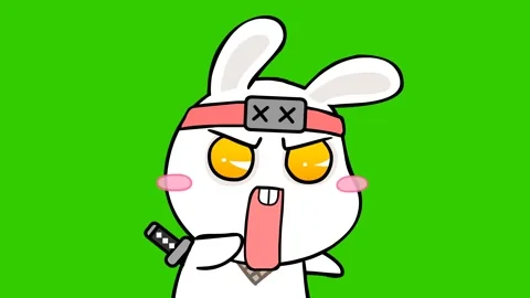 Animated ninja rabbit shocked turned into stone, green screen background Stock Footage 282771997