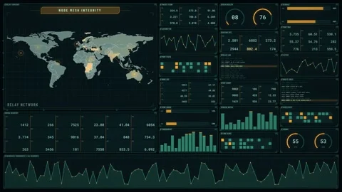 Animated node mesh network dashboard with world map relay topology, packet flow 動画素材 346959750