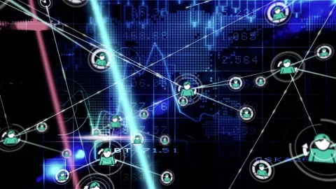 Animated node network responding to neon waveform spikes, spawning icons and Stock Footage 328584660