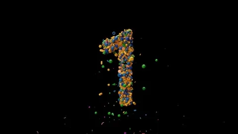 Animated number one composed of colorful small spheres surrounded by floating Stockbeeldmateriaal 344239502