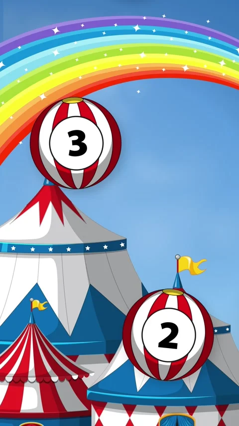 Animated Numbered Circus Balls Falling Over Tents and Rainbow Background Stock Footage 341541501