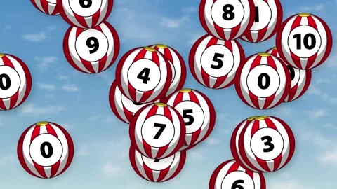 Animated Numbered Lottery Balls Falling Against a Blue Sky Background Stock Footage 345120266