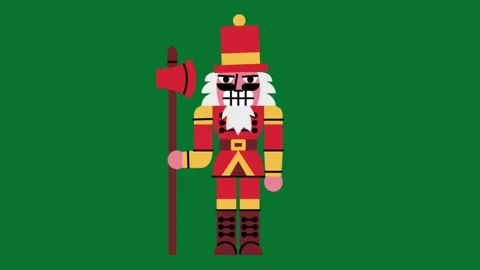Animated nutcracker soldier illustration in red and yellow uniform holding axe Stock Footage 320286915