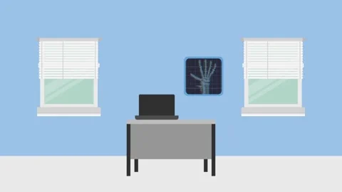 Animated office interior with windows desk and X-ray on wall. Stock Footage 334090740