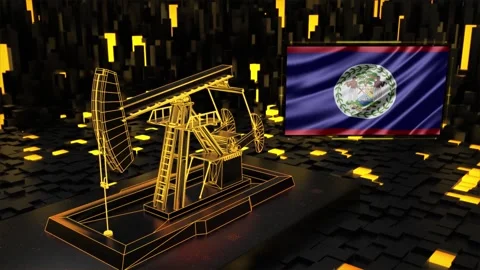 Animated oil pump jack wireframe model with Belize national flag Stock Footage 347188197
