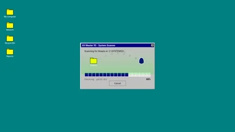 Animated old antivirus scanning dashboard on computer Stock Footage 346566396