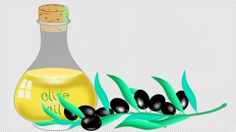 Animated olive branch with bottle of olive oil. Blank background. Stock Footage 147119716