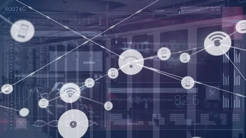Animated online tech network and data processing on red screen showcased. Stock Footage 327527138