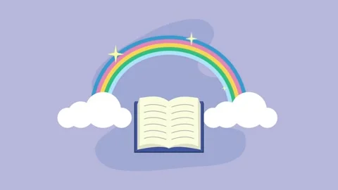 Animated open book graphic featuring rainbow and fluffy white clouds on pas.. Stock Footage 338398550