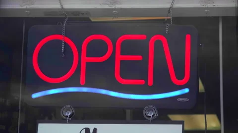 Animated Open Sign, Glowing Light Bright Sign Bar, Neon Electric Business Sign Stock Footage 157647967