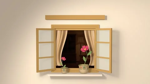 Animated open window with moving flowers seamless loop, cozy room interior 3d Stock Footage 337877557