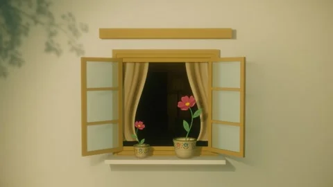Animated open window with moving flowers seamless loop, cozy room interior 3d Stock Footage 337877606