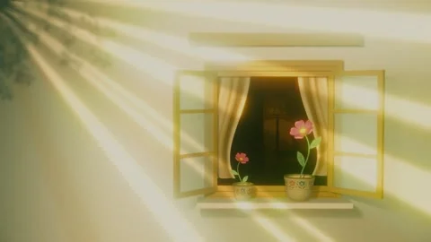 Animated open window with moving flowers seamless loop, cozy room interior 3d Stock Footage 337877825