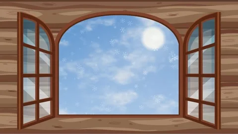Animated Open Wooden Window Looking Out to a Snowy Blue Sky Stock Footage 346569184