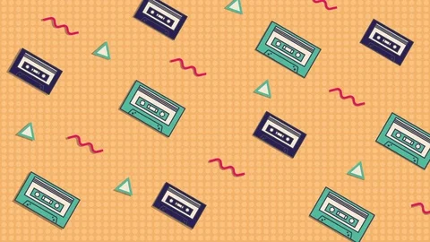 Animated orange background with moving audio cassettes, wavy lines and triangles Stock Footage 113818452