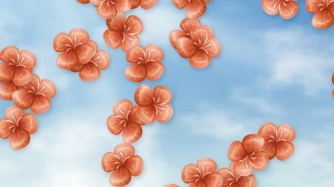 Animated Orange Flower Petals Falling Against a Bright Cloudy Blue Sky Stock Footage 341378748