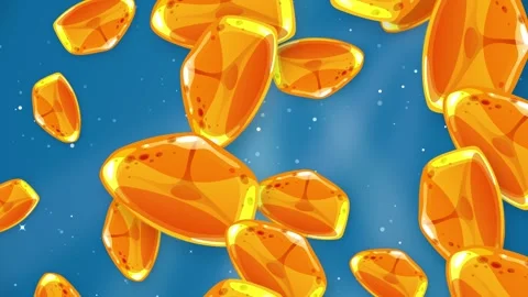 Animated Orange Gemstones Falling Over a Sparkling Blue Glitter Background Stock Footage 344833169