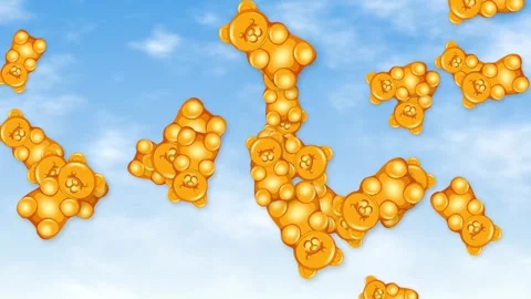 Animated Orange Gummy Bears Falling Through a Blue Sky with Clouds Stock Footage 344518555