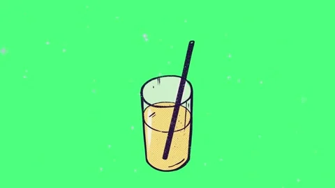 Animated orange juice glasses floating against vibrant green background with Stock Footage 346124023
