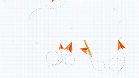 Animated orange paper planes flying over mathematical grid with pencil back.. Stock Footage 340449806