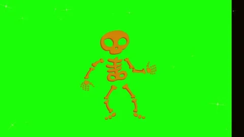 Animated orange skeleton dancing joyfully against a vibrant green background Video stock 346041190