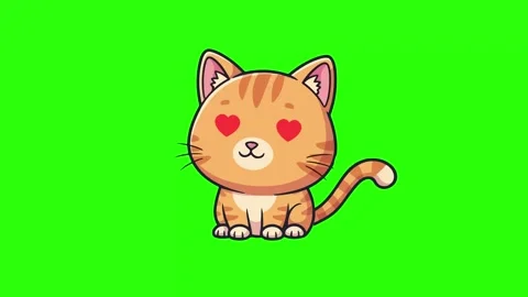 Animated Orange Tabby Cat with Heart Eyes Sitting Against a Bright Green Ba.. Stock Footage 323407813