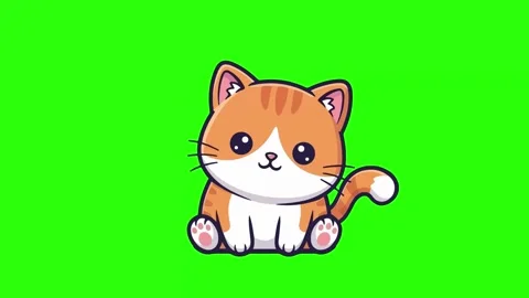 Animated Orange Tabby Cat Sitting with Large Eyes on Green Background Stock Footage 323407778