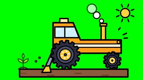 Animated Orange Tractor Working on Green Screen Background with Sun Vidéo 347677863