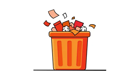 Animated Orange Trash Bin with Flying Garbage Waste Disposal and Recycling M 库存影片 347572381