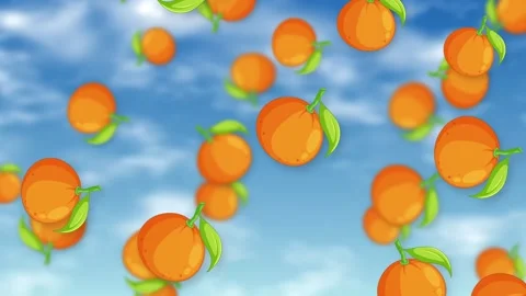 Animated Oranges Falling Through a Bright Blue Sky with Clouds Stock Footage 344831630