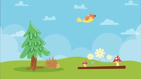 Animated outdoor scene featuring a pine tree, a hedgehog, a flying bird, an.. Stock Footage 334265307