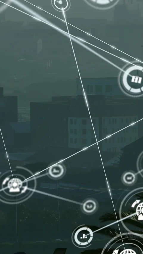 Animated overlay drawing diagonal line, forming pulsing node web over dim Stock Footage 332598265