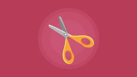 Animated pair of yellow scissors opening and closing against red background. Video stock 339046129