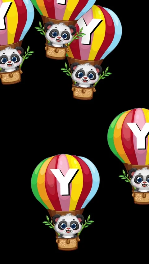Animated Panda Characters Falling in Colorful Hot Air Balloons Stock Footage 340967924