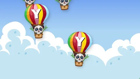 Animated Panda Characters Falling in Hot Air Balloons Against Blue Sky Stock Footage 341308892