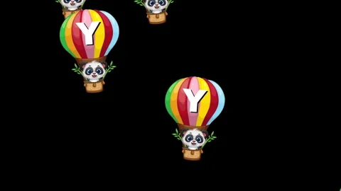 Animated Panda Characters Floating in Colorful Hot Air Balloons Downward Stock Footage 339044168